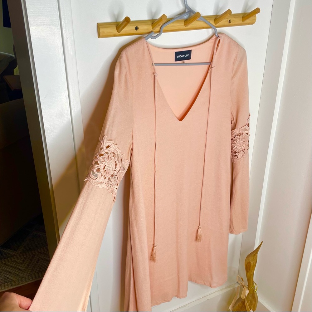 Sugar Lips  Flowy Floral Appliqué Bell Sleeve Women’s Pink V Neck